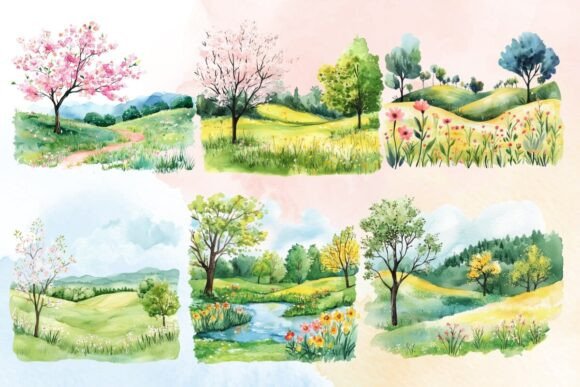 Download Watercolor Spring Landscape Clipart - Spring Collection