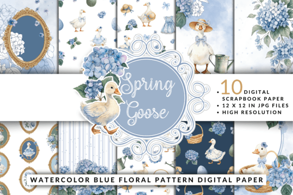 Download Spring Goose Blue Floral Digital Paper - Spring Collection